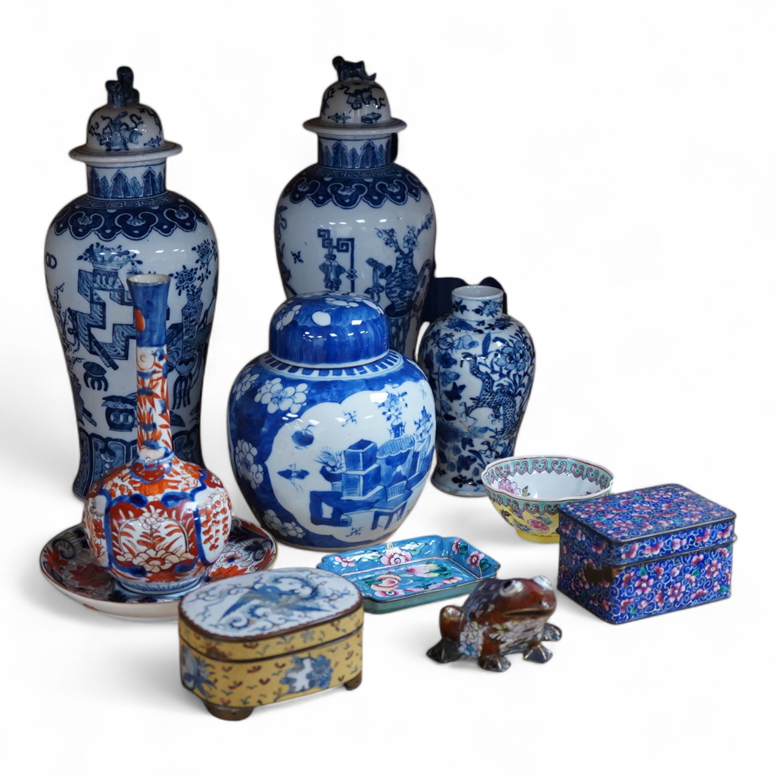 A pair of Chinese blue and white vases and covers and three other items, together with Japanese ceramics, cloisonné and Canton enamelware (11)